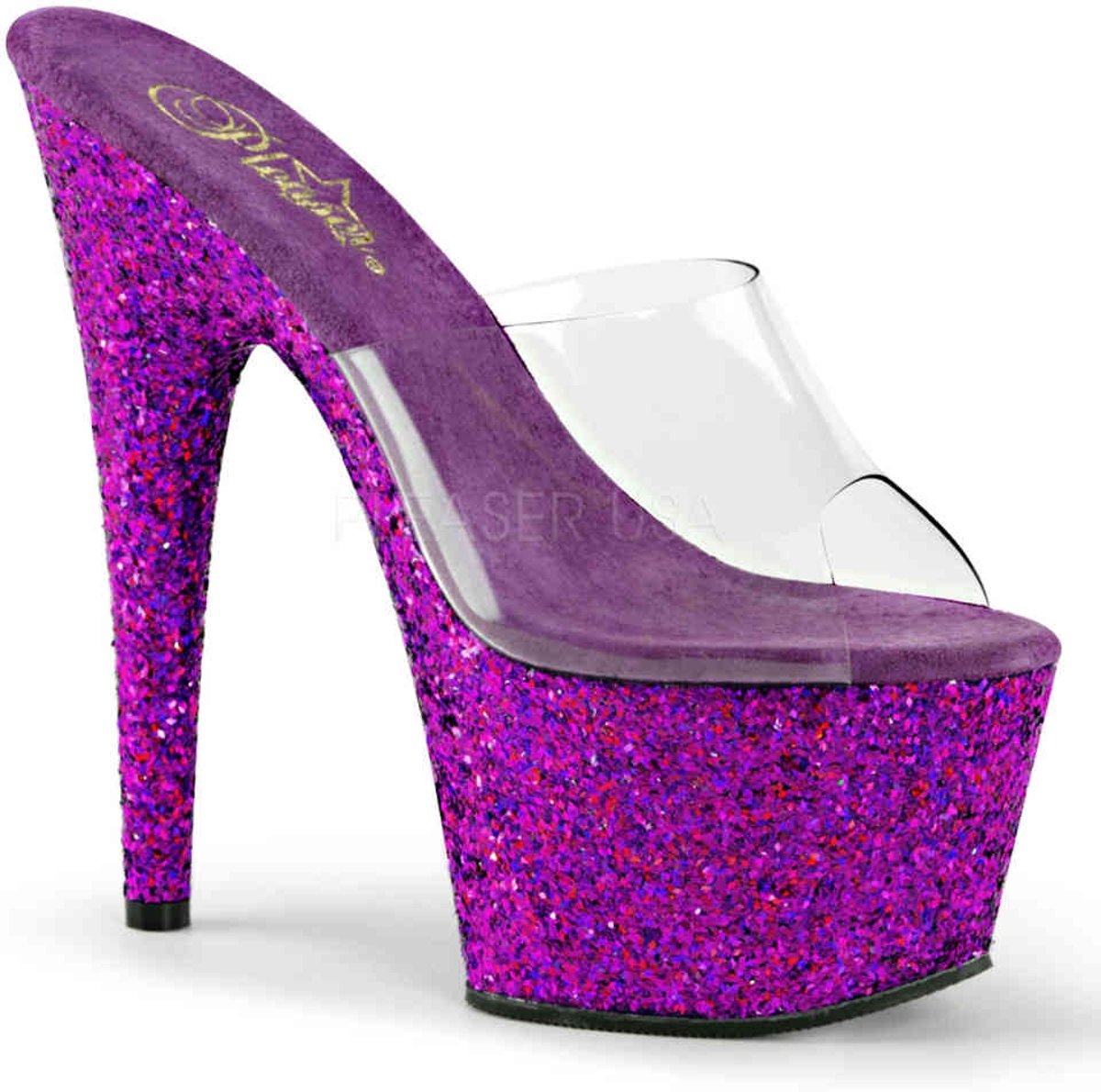 EU 38 = US 8 | ADORE-701LG | *7 Heel, 2 3/4 PF Slide W/Holo Glitter Bottom